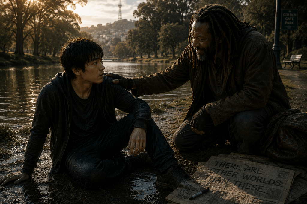 A young man sitting on the ground by a muddy riverbank, looking up thoughtfully at an older man with dreadlocks, who is smiling and leaning closer. The surrounding area features trees and a distant view of a tower, illuminated by the warm glow of sunset, with a sign for Golden Gate Park in the background.