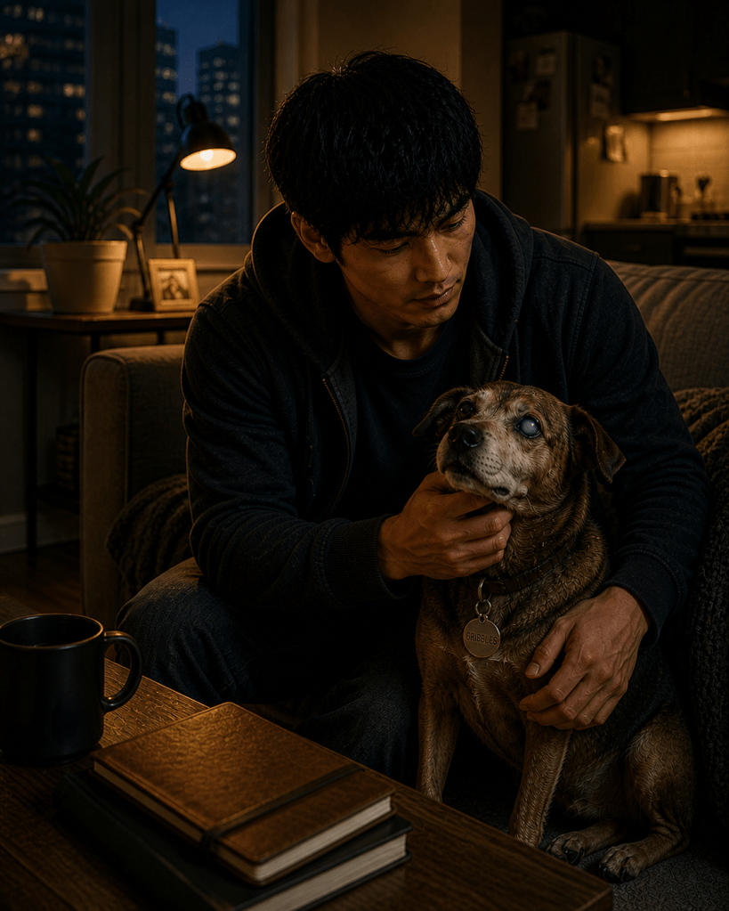 A man gently pets a small dog with a blind eye while sitting on a couch in a cozy, dimly lit living room. A coffee mug and stacked notebooks are placed on a wooden table.