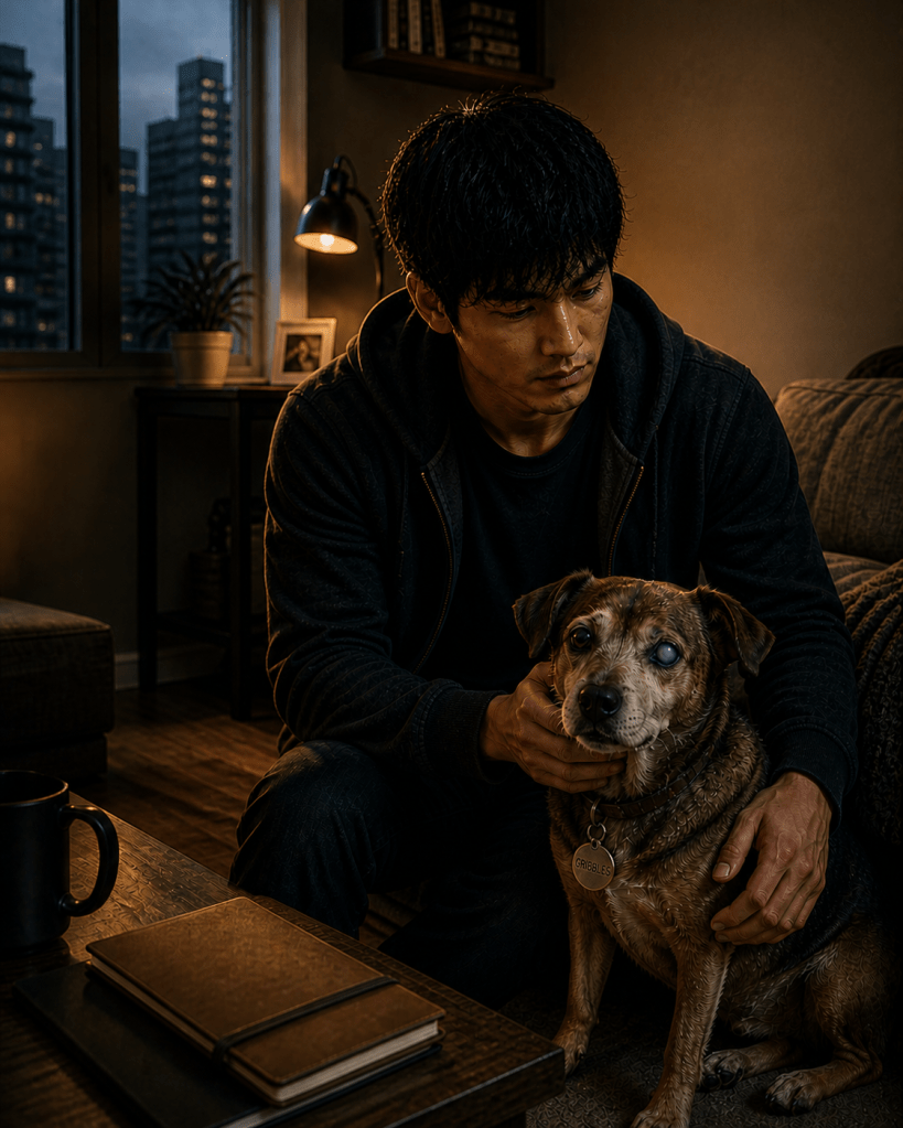 A man sitting on the floor beside a dog in a dimly lit living room, with tall buildings visible through the window.