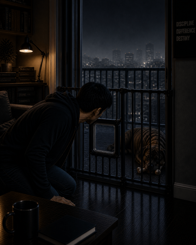 A person leans forward from inside a dimly lit room to look through a pet gate at a relaxed dog lying on a balcony, with city lights visible in the background at night.