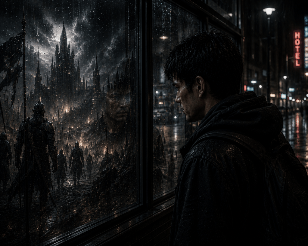 A man stands in the rain, gazing at a dark, stormy scene reflected in a window. The reflection shows a fantasy landscape with a castle and soldiers in armor amidst a dramatic sky.
