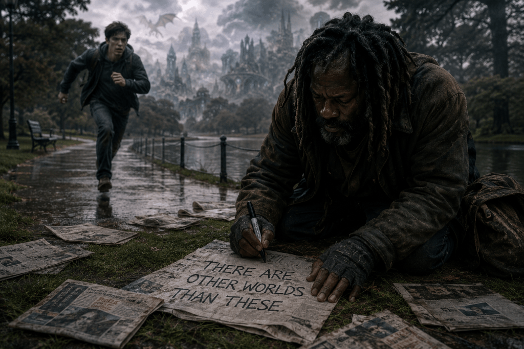 A man with dreadlocks writes on a piece of paper in a park, surrounded by scattered newspapers, while another man runs away in the background. The atmosphere is dark and rainy, with a surreal landscape visible in the distance.
