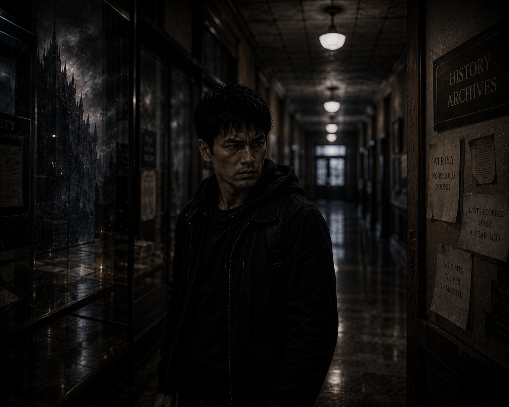 A man with a serious expression stands in a dimly lit hallway, flanked by display cases and signs related to history archives.