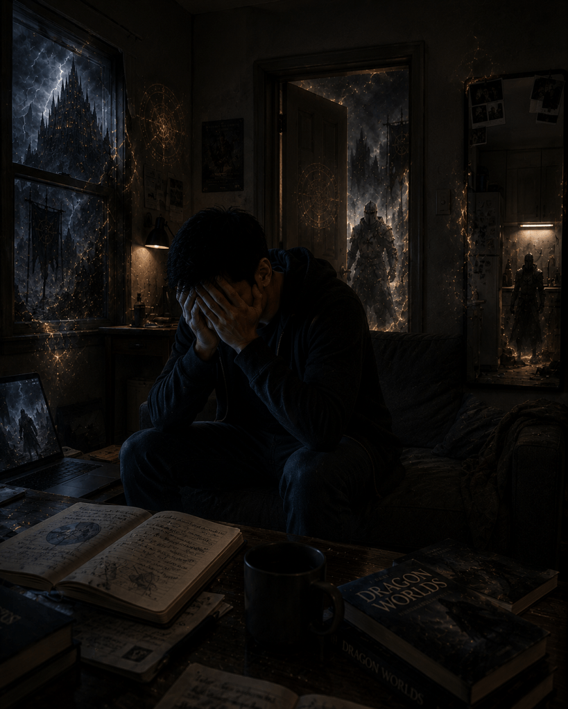 A person sitting on a couch, holding their head in distress, surrounded by open books and a coffee mug on a table, with dark fantasy elements visible through the doorways in the background.