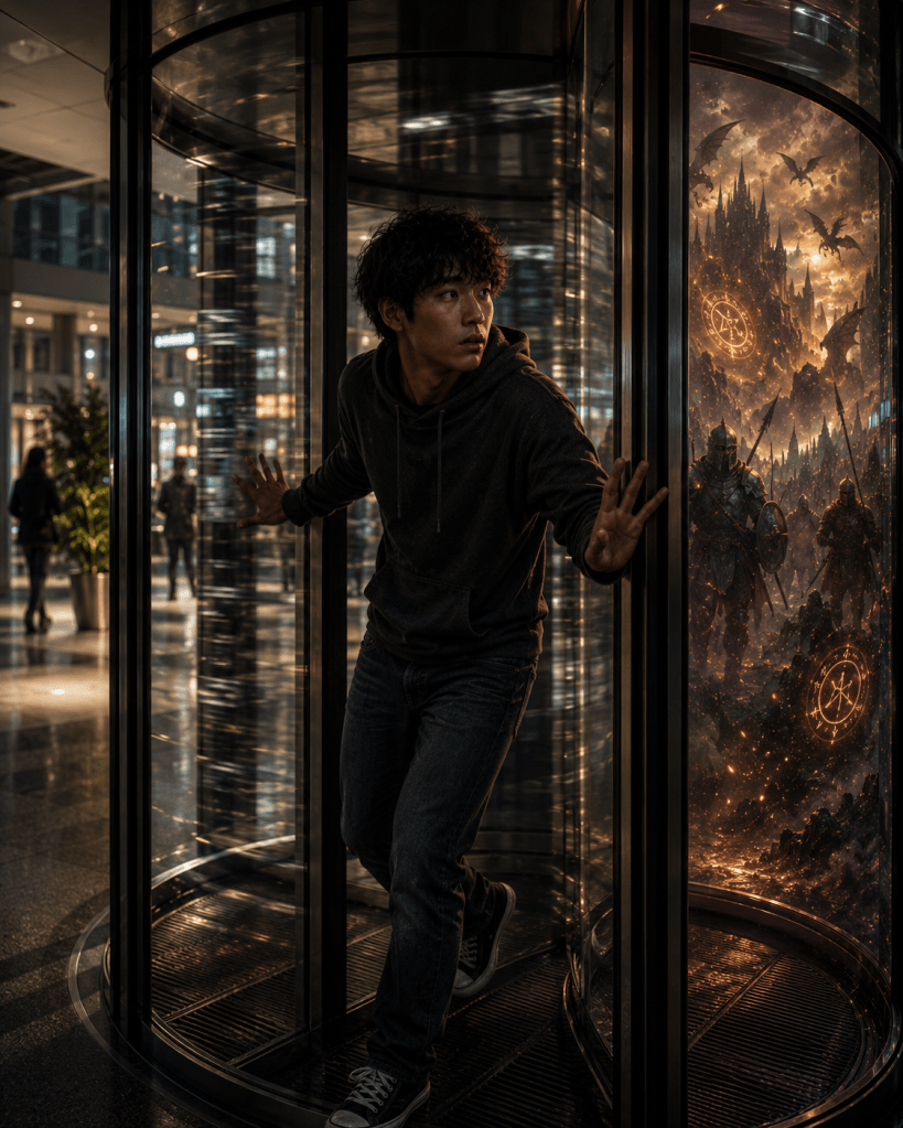 A young man in a hoodie stands inside a revolving door, looking apprehensive as he peers out. The background features a fantastical scene with a castle and dragons glowing with light.