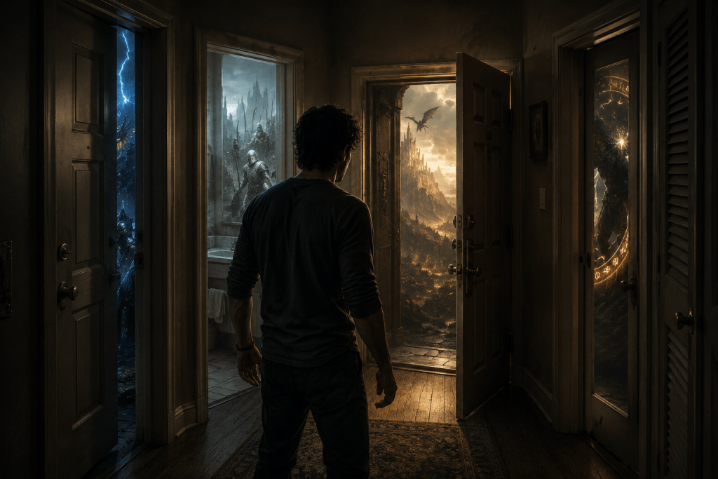 A person stands in a dimly lit hallway, facing three open doors, each leading to different fantastical realms: one with a stormy landscape, another with an epic battle scene, and a third showcasing a majestic castle beneath a dragon.