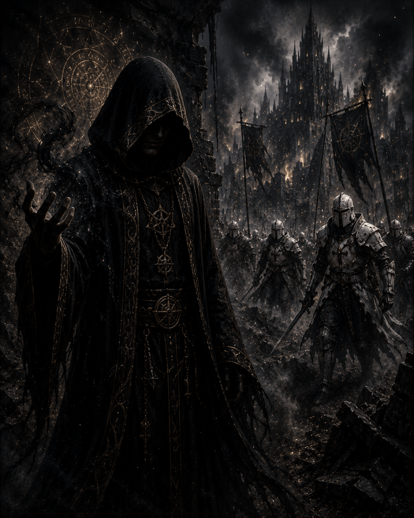 A cloaked figure, shrouded in darkness, stands prominently in the foreground, casting a magical aura from their outstretched hand. In the background, armored knights march forward with a menacing presence, while a dark, gothic castle looms ominously under a stormy sky.