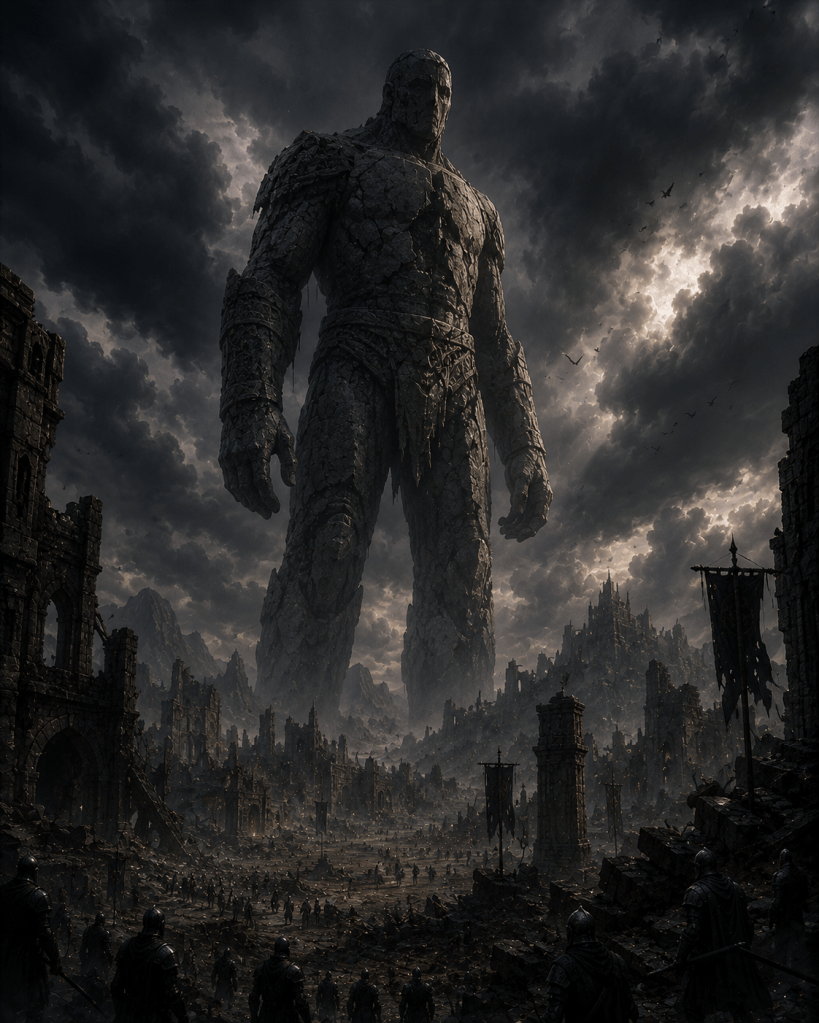 A colossal stone giant towers over a ruined landscape, with dark clouds looming above and soldiers in armor standing in the foreground, creating a dramatic and ominous atmosphere.