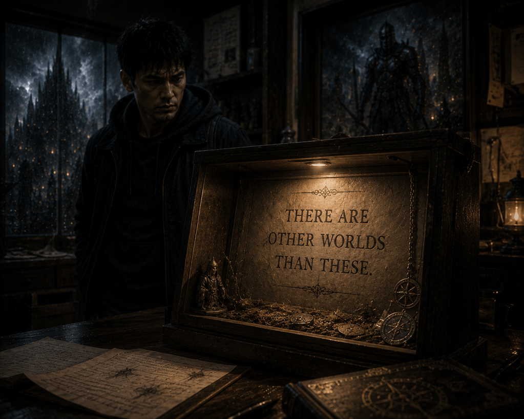 A dark, atmospheric room featuring a man examining a wooden box with the inscription 'THERE ARE OTHER WORLDS THAN THESE.' The background shows mystical scenery with a dark castle and a knight figure. The table is cluttered with old scrolls and artifacts.