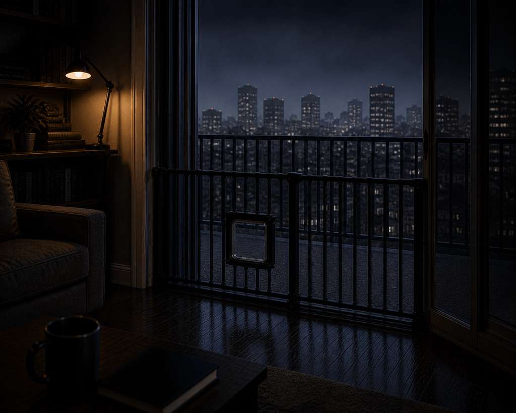 A cozy living room with a sofa and a table, featuring a mug and a book. There's a balcony door showing a city skyline at night with illuminated buildings, and a black safety gate at the balcony entrance.